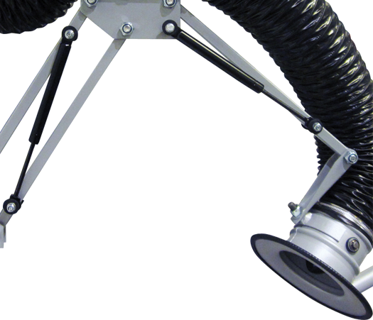 Ein flexibler schwarzer Belüftungs- oder Absaugschlauch mit einem Gelenkarm und Gelenken aus Metall, der für die Rauch- oder Rauchabsaugung in Industrie- oder Laborumgebungen konzipiert ist.