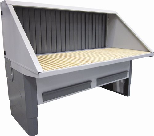 Absaugtisch UFH-E-BS mit elek. Höhenverstellung, Holzstäbchen, Hinterwand mit Absaugung sowie Decke und Seitenwänden mit Schallschutz
