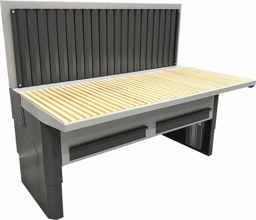 Absaugtisch UFH-E-B mit elek. Höhenverstellung, Holzstäbchen und Hinterwand mit Absaugung